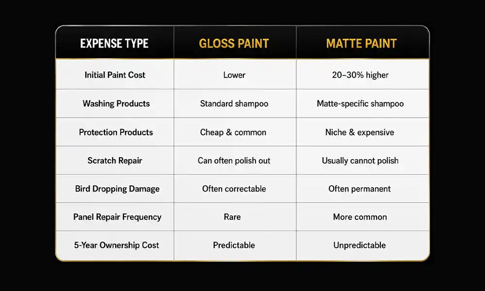 5 year ownership cost comparison chart for matte and gloss car paint