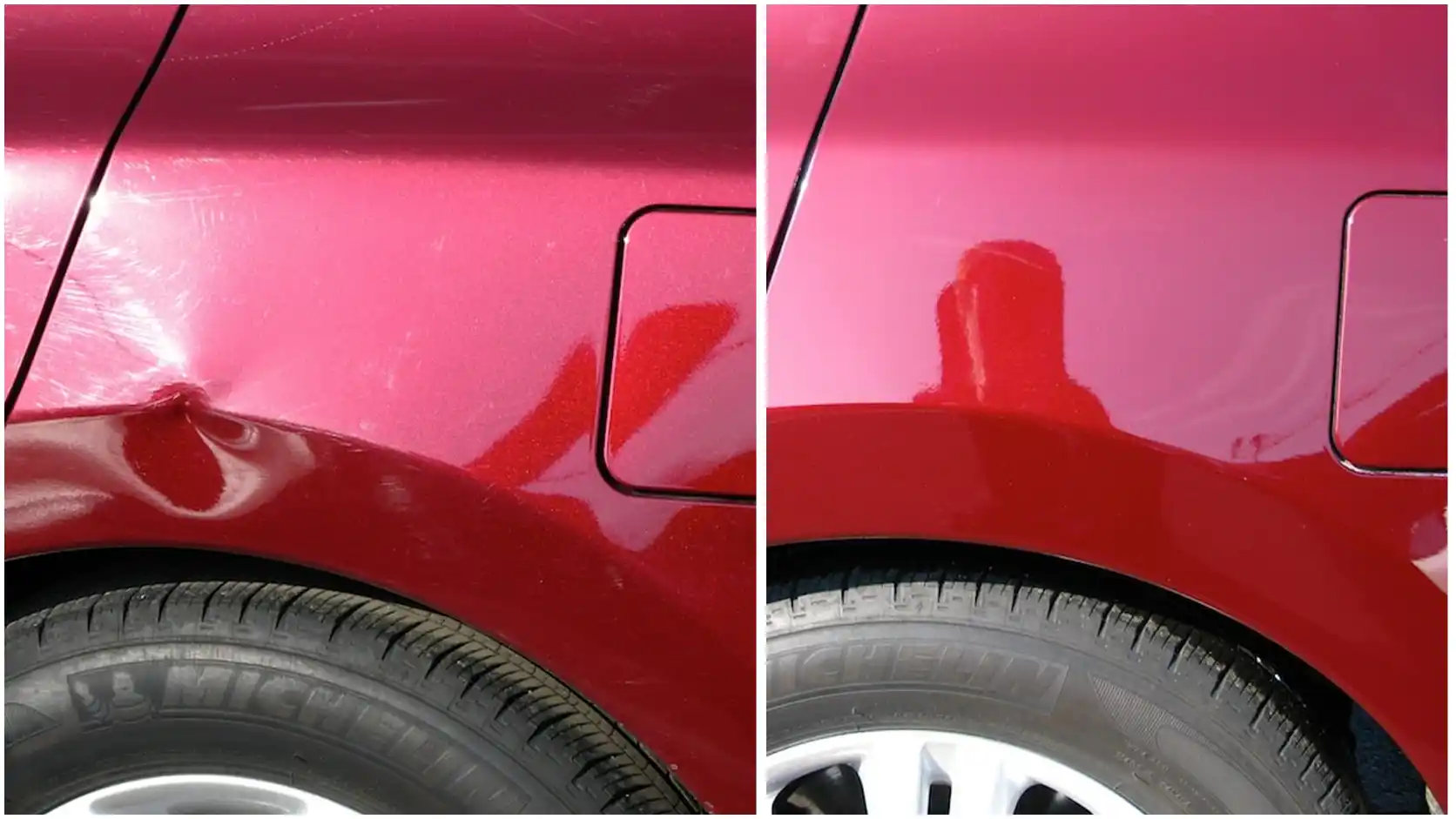 Paintless dent repair and traditional repair side by side comparison