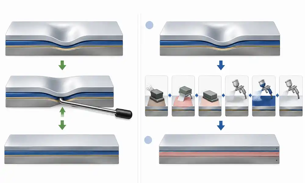 Cross section diagram comparing PDR and traditional repair paint layers